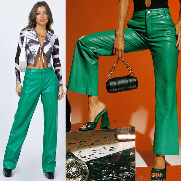 Princess Polly Pants - NWT PRINCESS POLLY Ashlea Faux Leather Mid Rise Slim Fit Flare Pants Sz 0 Green